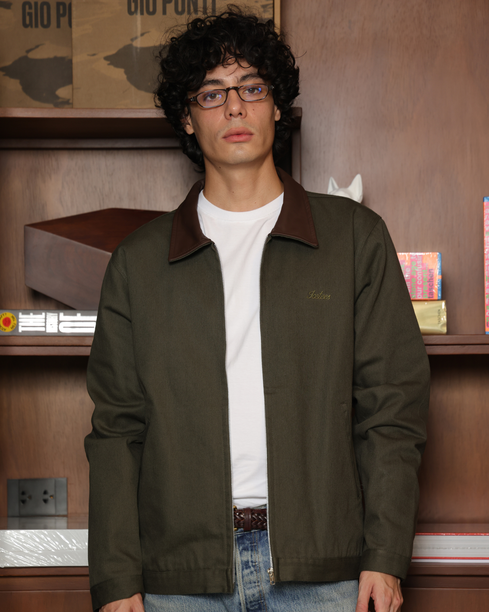 Icetees Canvas Work Jacket Olive Leather Collar