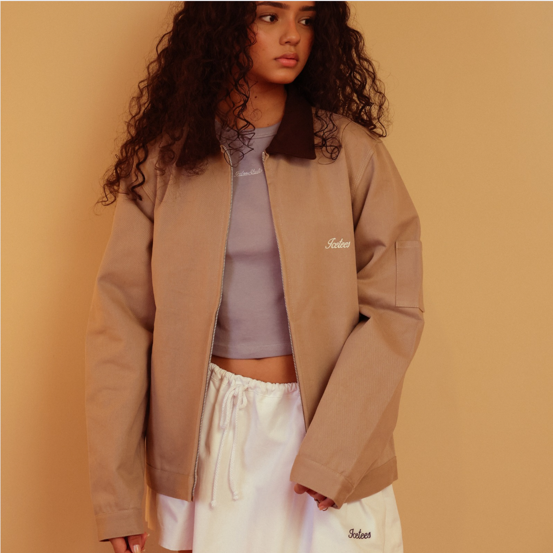 Icetees Unisex Work Jacket Beige/Brown